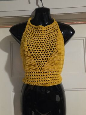 Crochet Halter Tank Top - Mustard Yellow